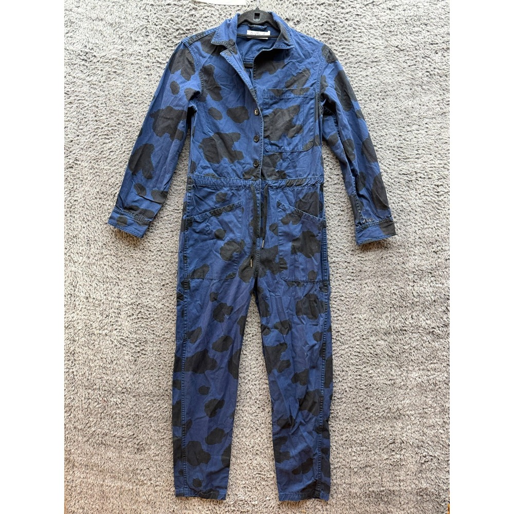 Rachel Antonoff Ziggy Cow Print Long Sleeve Jumpsuit Navy Black Womens Size S